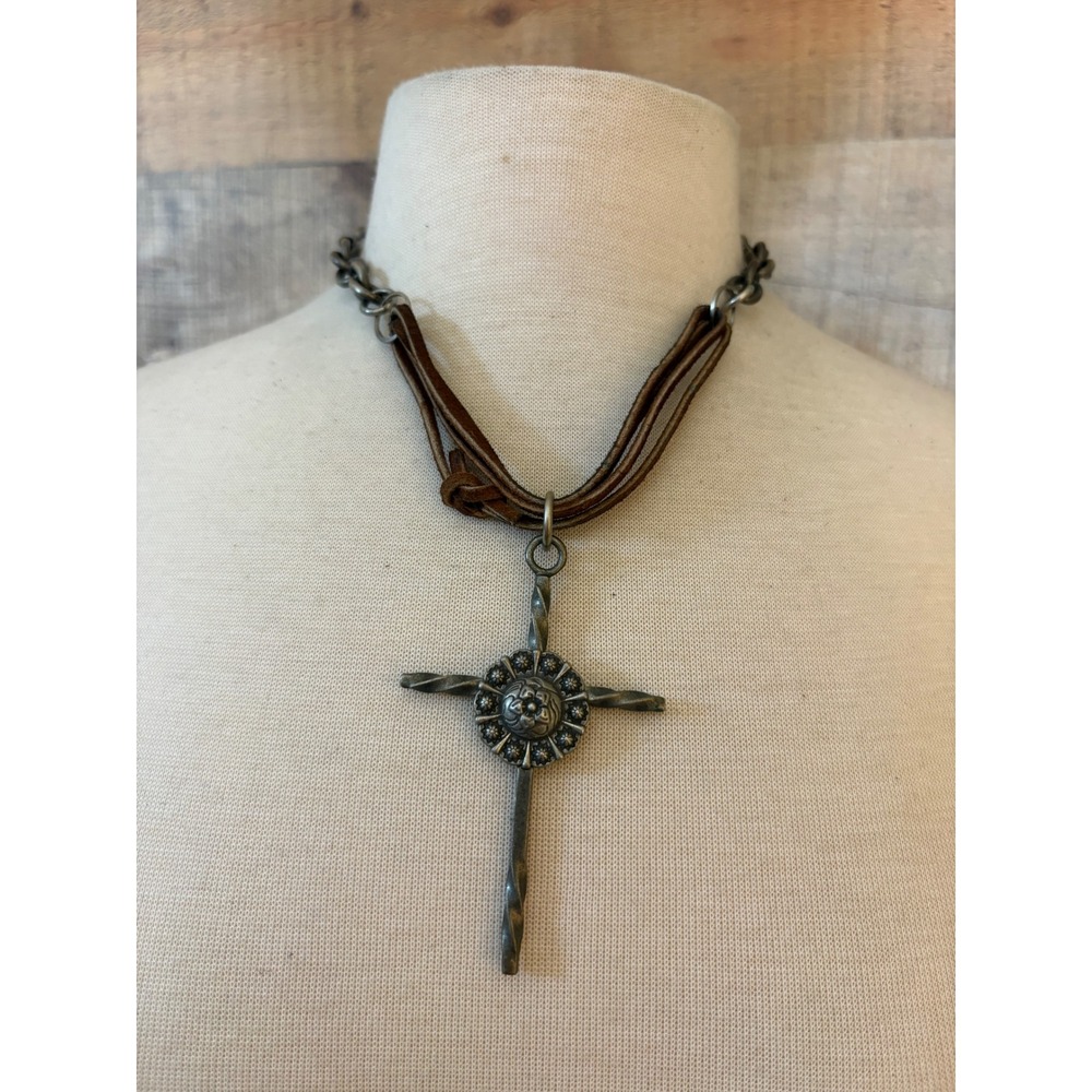 Unisex Antiqued Silver Cross Pendant Necklace Brown Leather Multi Strand Chain
